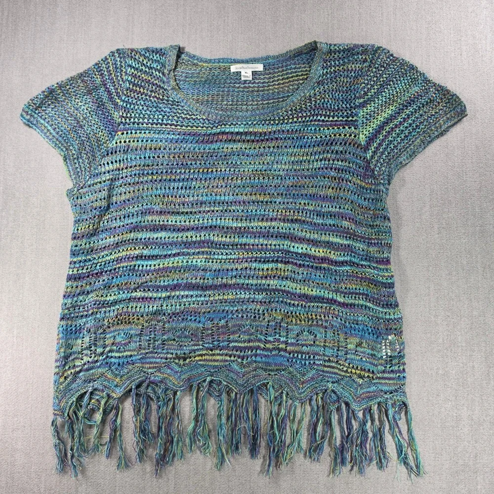 John Paul Richard Knit Top Womens XL Blue Space Dye Fringe Boho Short Sleeve